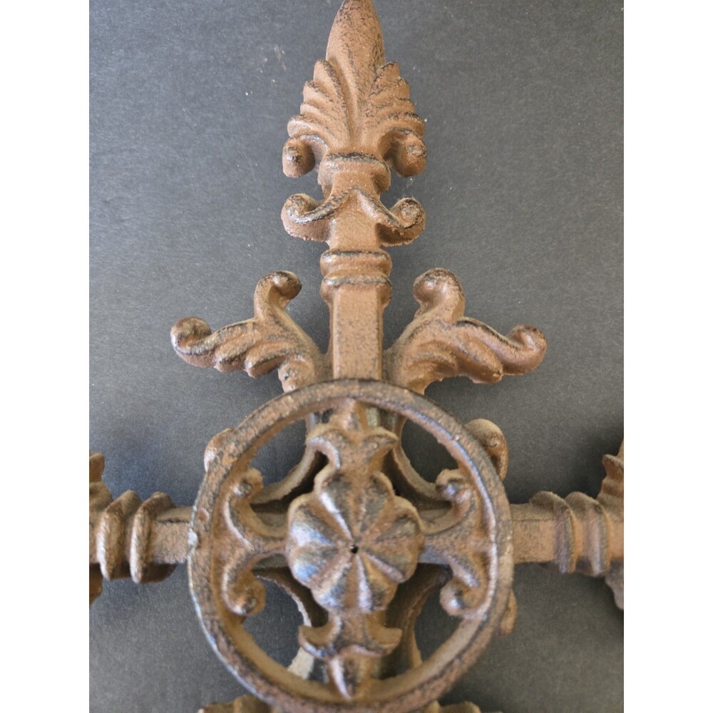 Ornate Cast Iron Fleur-de-Lis Wall Cross - 15" x 11" Rustic Decor Brown Heavy - Picture 2 of 8